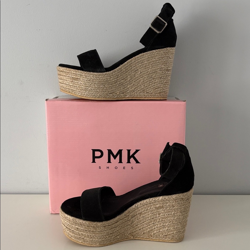 PMK Black Suede Platform Wedge Size 39 US 8.5 New in Box